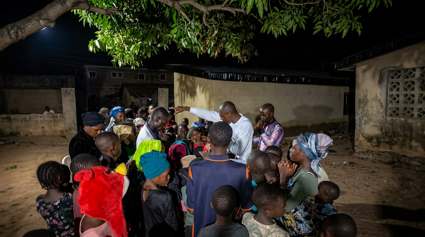 Nighttime gospel outreach gathering in Jos